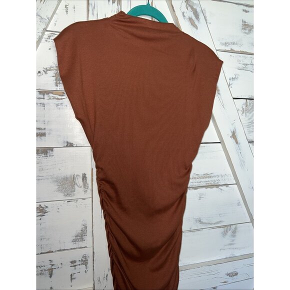 Michael Stars Gia Rib Knit Mock Neck Ruched Mid Legnth Dress M Cap Sleeve Rust - Picture 9 of 11